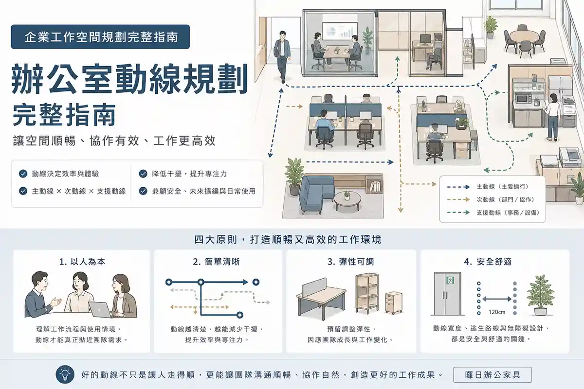 辦公室動線規劃與企業工作空間配置示意圖