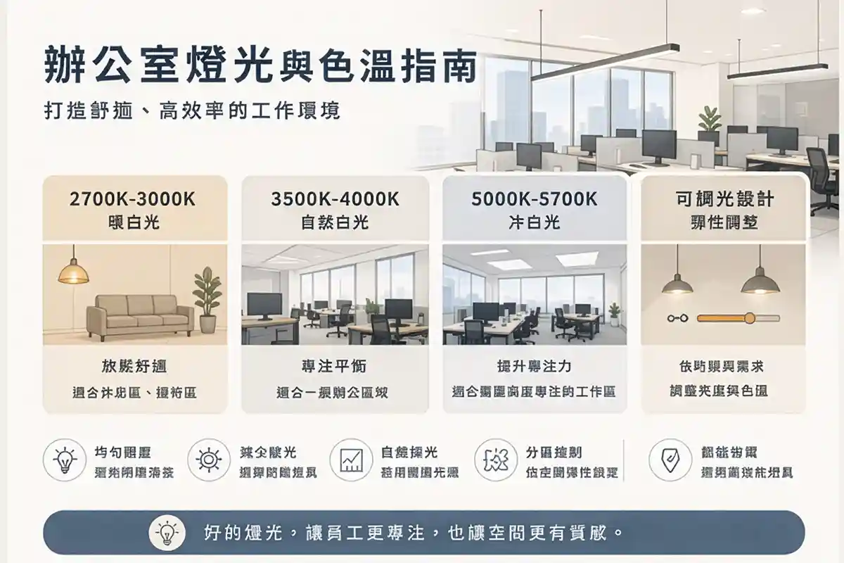 辦公室燈光與色溫配置示意圖