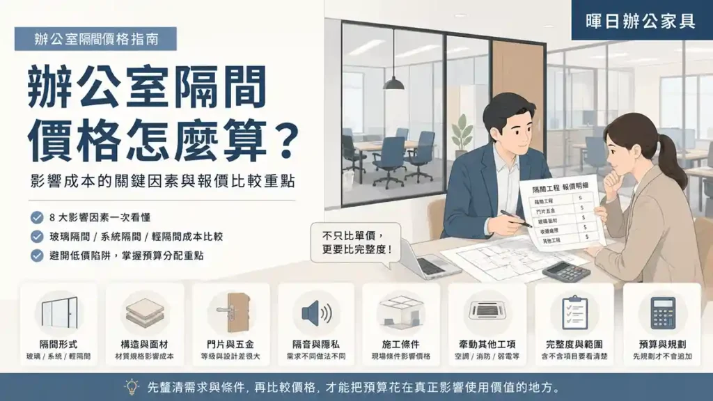 辦公室隔間價格怎麼算資訊型 Hero 圖，包含玻璃隔間、系統隔間、輕隔間、門片五金、隔音隱私、施工條件、空調消防與預算規劃重點