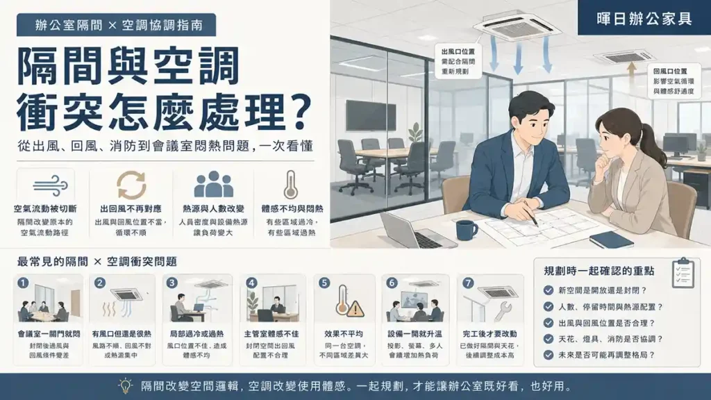 隔間與空調衝突怎麼處理資訊型 Hero 圖，包含出風、回風、消防、天花板、會議室悶熱與辦公室隔間空調協調重點
