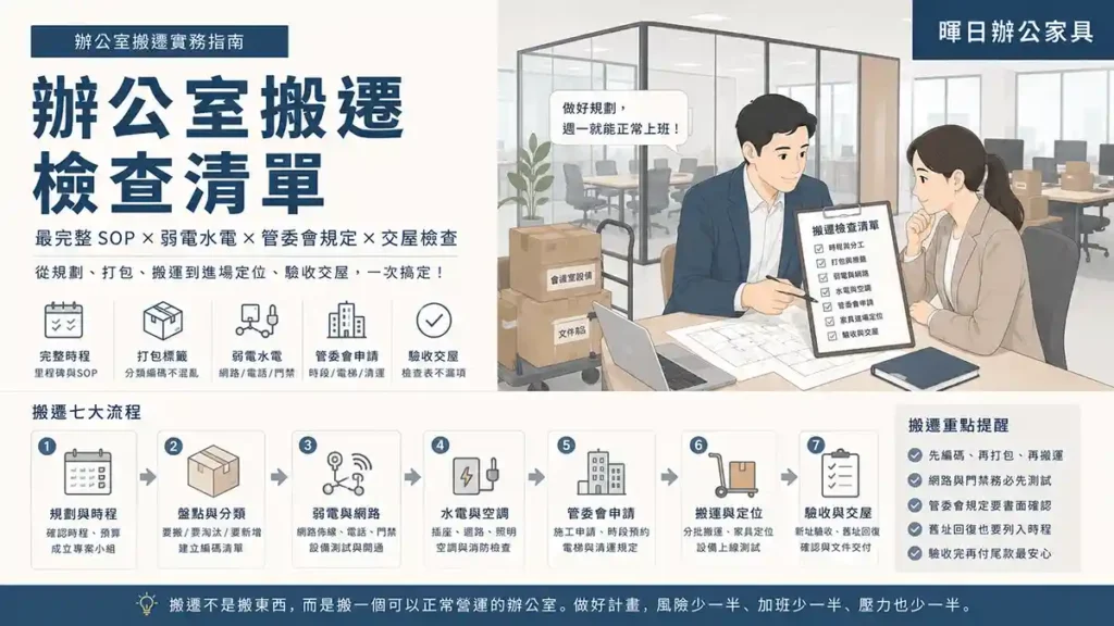 辦公室搬遷檢查清單資訊型 Hero 圖，包含搬遷時程、打包標籤、弱電網路、管委會申請、家具定位、驗收交屋與辦公室搬遷流程