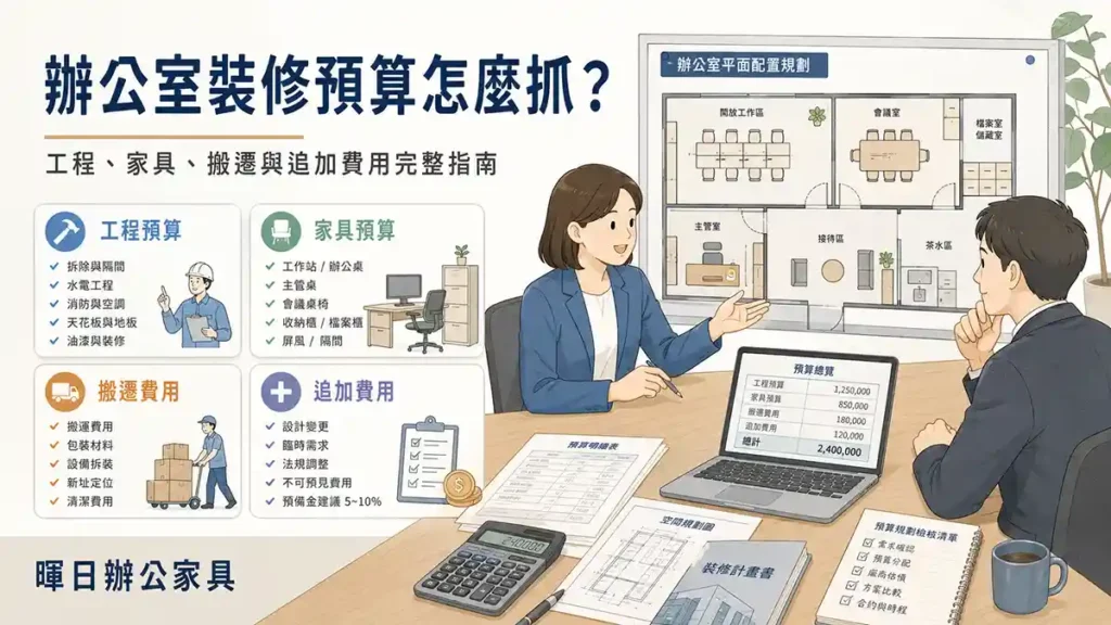 辦公室裝修預算怎麼抓？工程、家具、搬遷與追加費用完整指南資訊型 Hero 圖，包含預算分類、辦公室平面配置、家具與施工規劃插畫