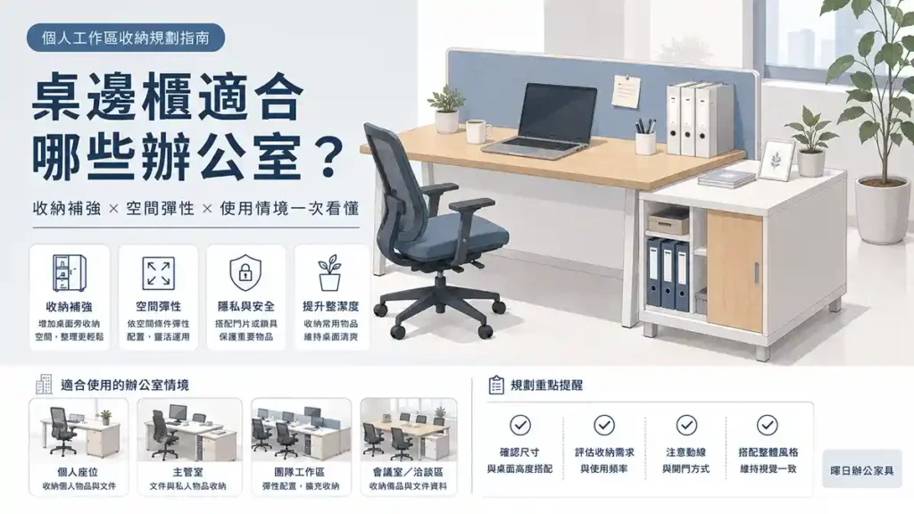 辦公桌搭配桌邊櫃規劃示意圖，展示桌邊櫃作為文件收納、側桌延伸與個人物品整理空間的應用方式