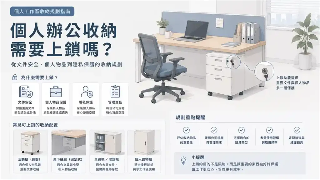 可上鎖活動櫃與個人收納櫃配置示意圖，展示文件安全、個人物品保管與辦公室收納管理情境