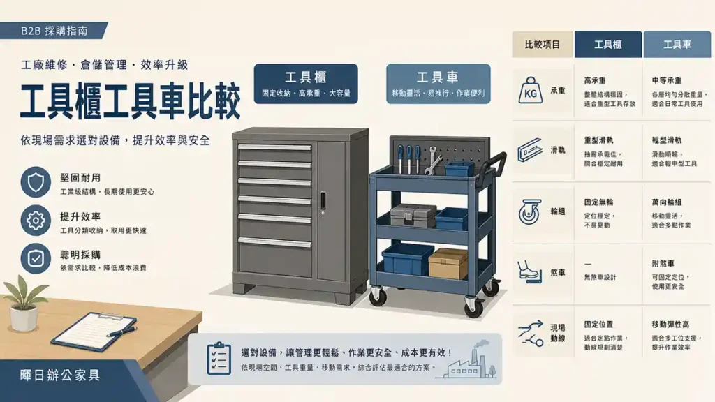 工具櫃與工具車比較示意圖，整理承重、滑軌、輪組、煞車與現場動線等工業收納選購重點