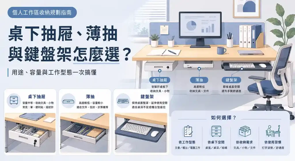 辦公桌下收納配件規劃示意圖，展示桌下抽屜、薄抽與鍵盤架的配置方式與適用情境