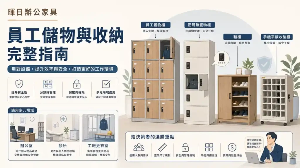員工置物櫃、密碼鎖櫃、鞋櫃與手機平板收納櫃的辦公室收納指南插畫