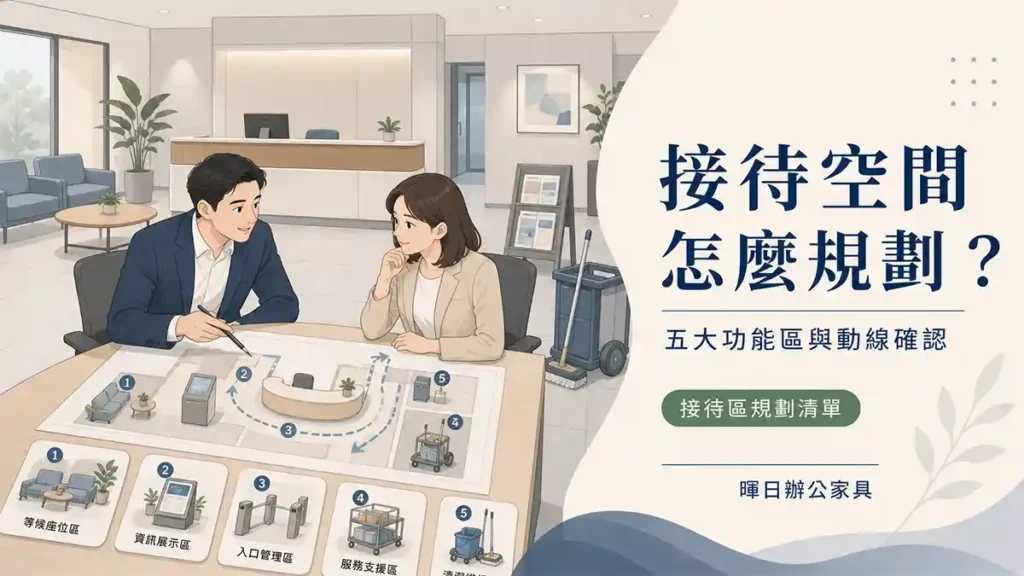 辦公室接待區沙發排椅與動線整體規劃示意