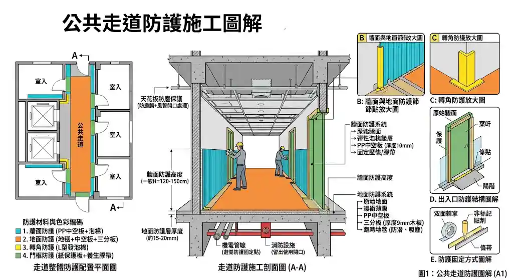 公共走道與電梯防護施工剖面結構圖，含牆面地面節點放大圖與轉角防護放大圖