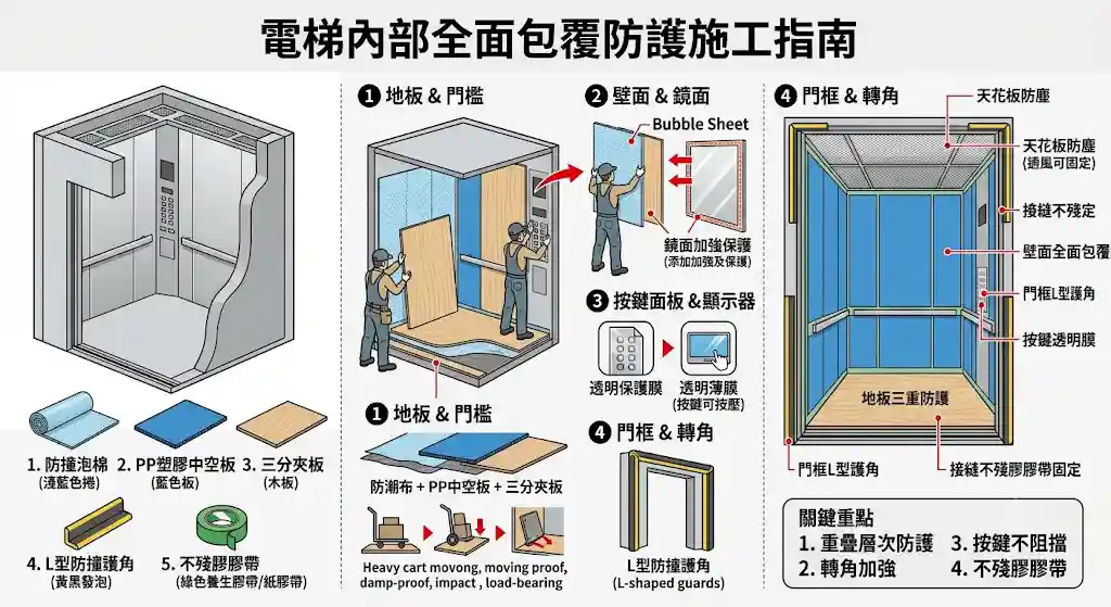 電梯內部全面包覆防護施工指南：地板門檻、壁面鏡面、按鍵面板顯示器、門框轉角四步驟